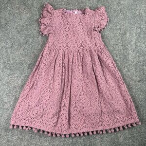 2Bunnies Dress Girls 7 8 Mauve Lace Pom Pom Trim Flutter Sleeve Cottage Princess